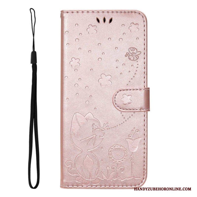 Folio-fodral Samsung Galaxy S23 5G Med Kedjar Strappy Cat And Bees